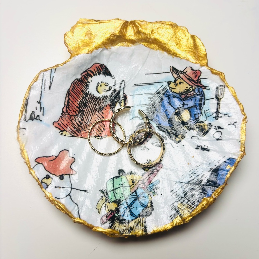 Handmade Scallop Shell Trinket Dish W/ Paddington Bear Festive Decoupage Design.